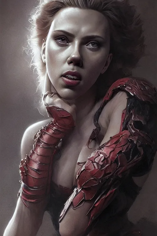 Image similar to Scarlett Johansson as the Queen of Hell , Highly Detailed anatomy, only two hands, highly detailed, digital painting, artstation, concept art, smooth, sharp focus, illustration, Unreal Engine 5, 8K, art by art by artgerm and greg rutkowski and edgar maxence