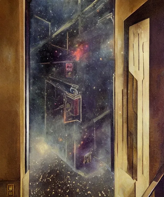 Image similar to horrifying full color photorealistic painting of a 1 9 2 5 hotel elevator opening up to a disorted view of the cosmos, dark, atmospheric, brooding, smooth, finely detailed, cinematic, epic, in the style of lee gibbons