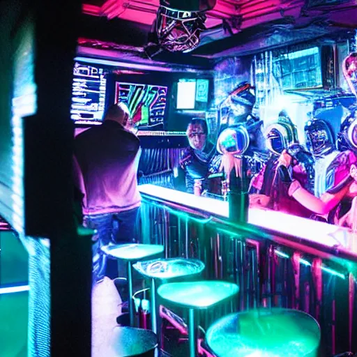 Prompt: rundown cyberpunk bar, daft punk singing singing karaoke