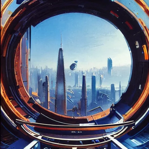 Prompt: circular derelict portal in a middle of a futuristic cityscape, world seen only through a portal, daylight, cinematic perspective, cinematic lighting, blue sky, syd mead, john harris