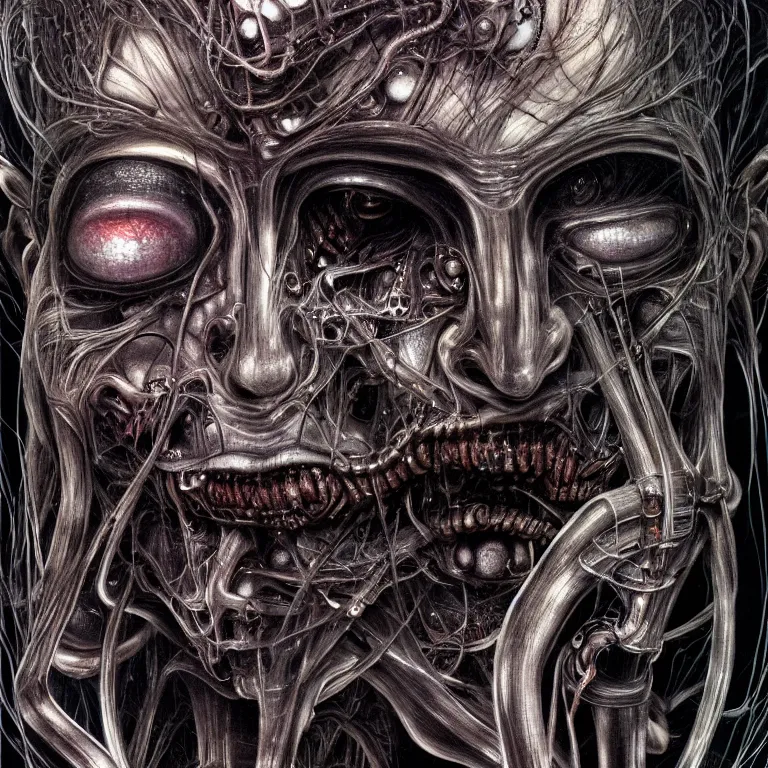 Image similar to portrait of neural nightmares by yoshitaka amano and HR Giger, detailed face face face face, facial structure, hd, 8k, very very very very electronic, biomechanical, biology, bio, neural machine, single subject, terror