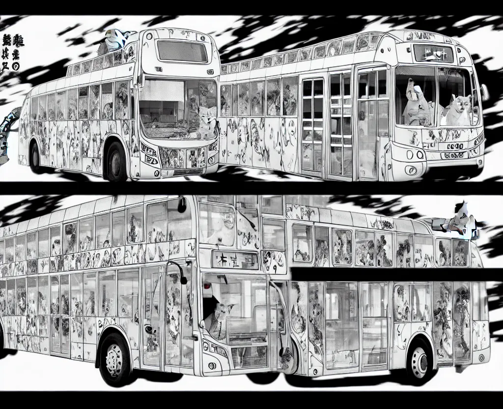 Prompt: Cat transformed into a bus, in the style of Manga, Eichiro Oda, hyper detailed, UHD, 8K details