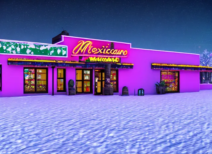 Image similar to realistic exterior photo of a mexican restaurant, vaporwave, in a flat snowy field. 35mm. Very detailed 8k. Sharp. Cinematic post-processing. Unreal engine. Nanite. Ray tracing. Parallax. Tessellation