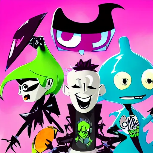 Image similar to psychic punk rocker electrifying rockstar with vampire squid head concept character designs of various shapes and sizes by genndy tartakovsky and splatoon by nintendo and the psychonauts franchise by doublefine tim shafer artists as well as the artist for the new hotel transylvania film