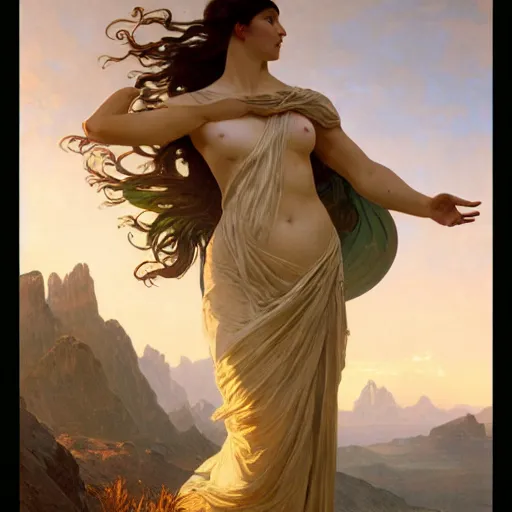 Prompt: an ultradetailed matte landscape painting of mountain sized sculpture of a beautiful and elegant woman, sunrise on the horizon in the background, stone hand raised up, 8 k, art by greg rutkowski and alphonse mucha and andreas rocha and albert bierstadt