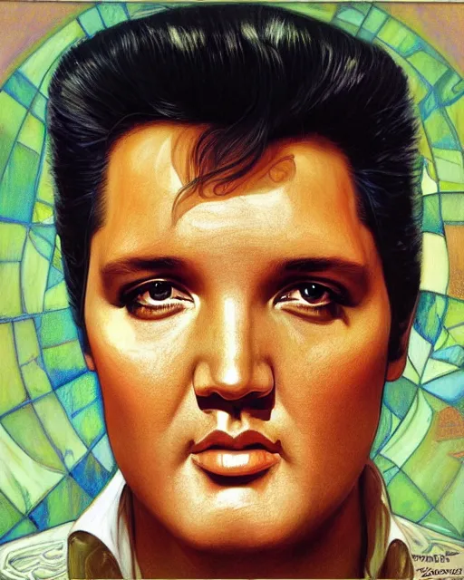 Image similar to portrait of Elvis Presley by Mandy Jurgens and Richard Schmid and chuck close and mucha