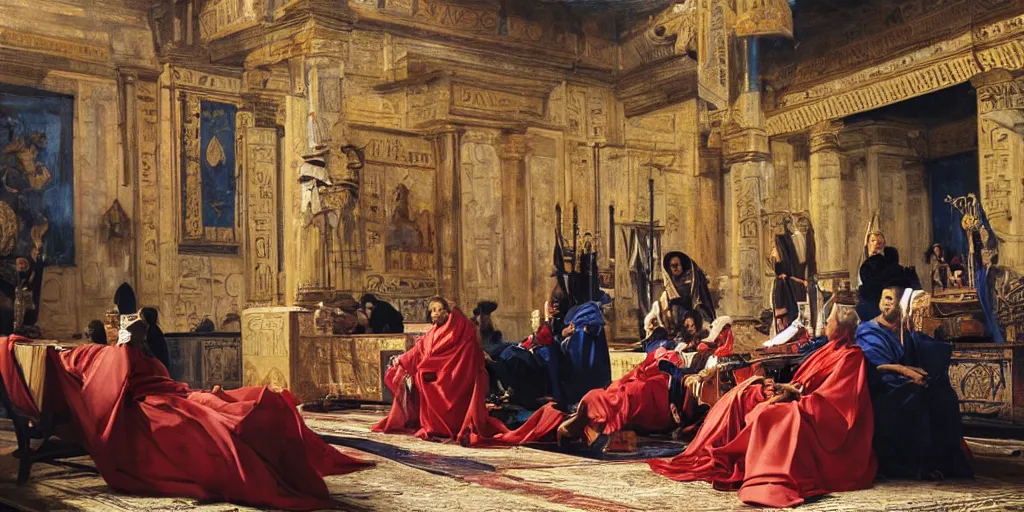 Prompt: beautiful oil matte portrait painting, ancient senators in royal crimson robes sit in tribunes of an egyptian blue palace hall, art by anders zorn, highly detailed, beautiful cinematic light deep focus, elegant, digital painting, smooth, sharp focus, golden ratio, dramatic illumination, art by artemisia lomi gentileschi and caravaggio