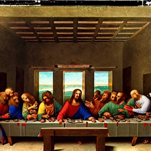 Image similar to The scene of the Last Supper of Jesus with the Twelve Apostles, the moment after Jesus announces that one of his apostles will betray him. Oil painting by Leonardo da Vinci, 1495.