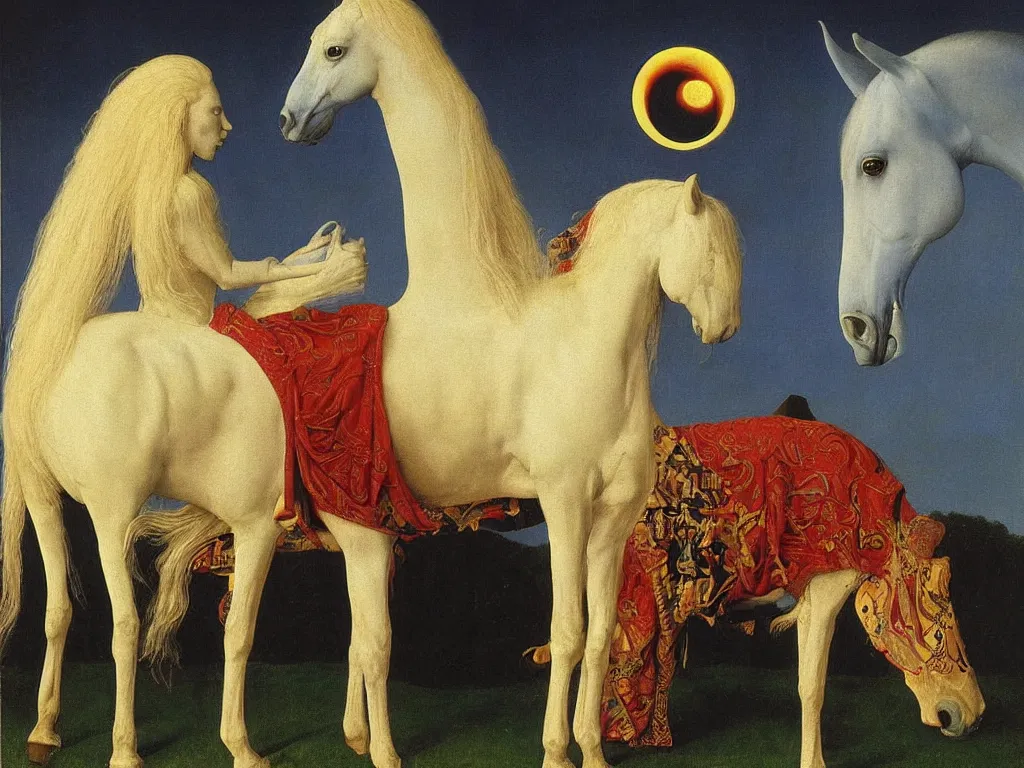 Prompt: albino mystic, with his back turned, with beautiful exotic horse in the day of the eclipse. Painting by Jan van Eyck, Audubon, Rene Magritte, Agnes Pelton, Max Ernst, Walton Ford