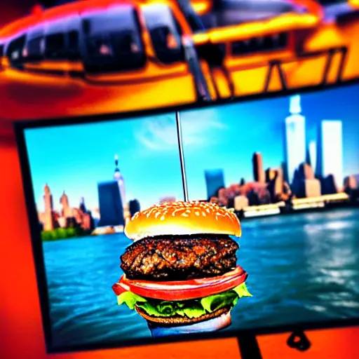 Image similar to giant delicious burger and fries splashes into New York city river, mind-bending digital art, macro photography 25mm, hollywood movie cinematic helicopter view