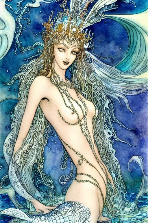 Prompt: mermaid queen closeup face surrounded by swirling water, art by luis royo and walter crane and kay nielsen, watercolor illustration, sharp focus