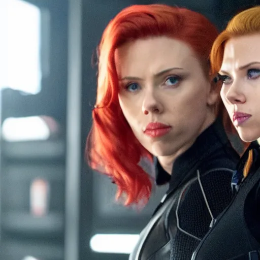 Prompt: movie still of Scarlett Johansson as Black Widow handling over her things to Avril Lavigne to be the new Black Widow