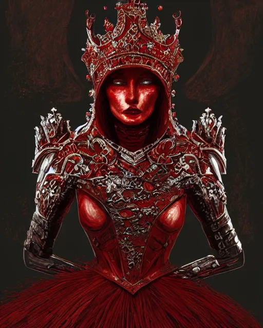Image similar to redhead queen in heavy red armor, inside an epic gothic castle, baroque, large crown helmet, face with scars, psychopath, aristocratic, intimidating, ominous, high fantasy, intricate detail, digital painting, artstation, concept art, smooth, sharp focus, illustration, art by yoshitaka amano and monia merlo and wlop