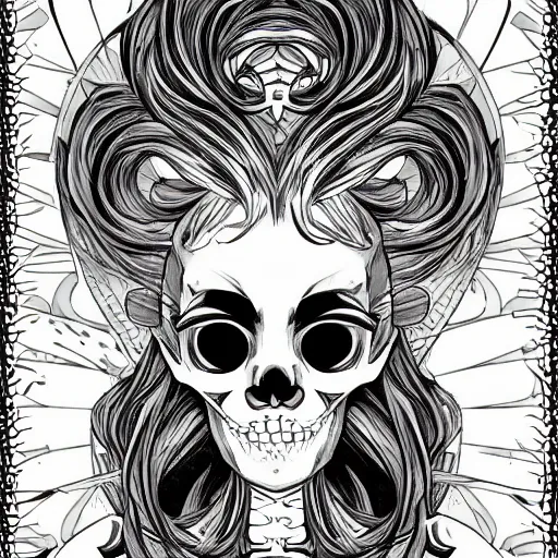 Image similar to anime manga skull portrait face skeleton illustration style by Alphonse Mucha and Hockney comicbook pop art nouveau