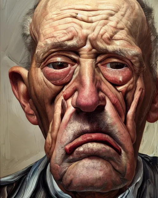 Prompt: an extreme close up portrait a very ordinary old man with an angry expression, side angle, by Lucian Freud and Jenny Saville, oil painting, anatomically correct, beautiful perfect face, visible brushstrokes, sharp focus, Highly Detailed, Cinematic Lighting, 8k, HD