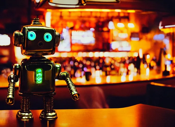 Image similar to a 2 8 mm macro kodachrome photo of a sad metallic robot with glowing lights and electric wires, getting drunk alone at a bar in the 1 9 5 0's, seen from a distance, bokeh, canon 5 0 mm, cinematic lighting, film, photography, golden hour, depth of field, award - winning