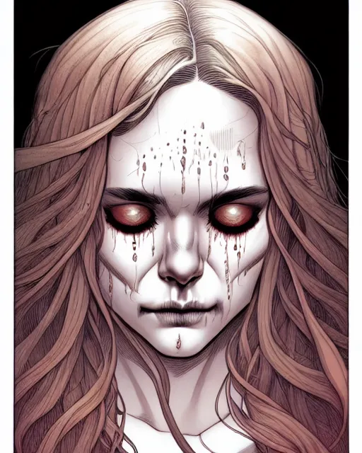 Image similar to comic horror cover art of a beautiful girl with tears in her eyes, skull motif background, illustration by jenny frison and sana takeda, intricate details, stunning inking lines, stunning gradient colors, 4 k, hd, artstation, award winning