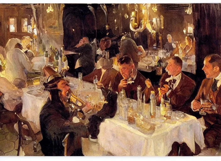 Image similar to men having dinner, singing, roaring twenties, cellar, masterpiece, torches on wall, meat, wine, schnapps, smoking cigars, scantily clad blondes, oil painting by anders zorn and carl larsson, art nouveau