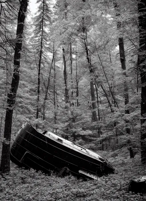 Prompt: crashed vessel in a monochromatic forest