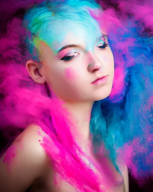 Prompt: a dramatic lighting photo of a beautiful young woman with cotton candy hair. paint splashes. with a little bit of cyan and pink