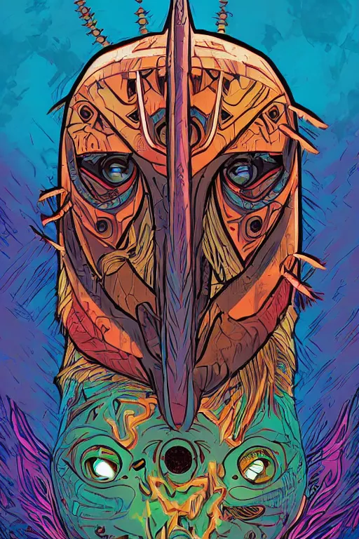 Image similar to totem animal tribal chaman vodoo mask feather gemstone plant wood rock video game illustration vivid color borderlands by josan gonzales and dan mumford radiating a glowing aura