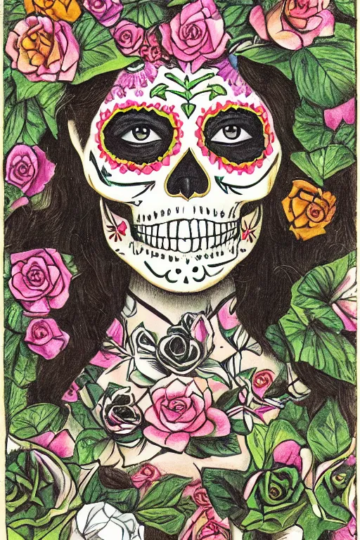 Prompt: illustration of a sugar skull day of the dead girl, art by george burchett davis