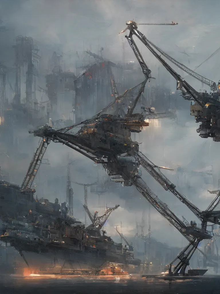 Prompt: a science fiction harbour, gigantic crane, james paick, trending on artstation