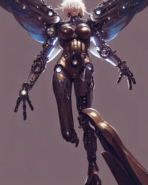 Prompt: 3 / 4 view of a cyborg woman with metal wings, pixie character, genshin impact, fantasy magic, dark light night, intricate, elegant, sharp focus, illustration, highly detailed, concept art, matte, art by wlop and artgerm and greg rutkowski, anime, trending on artstation