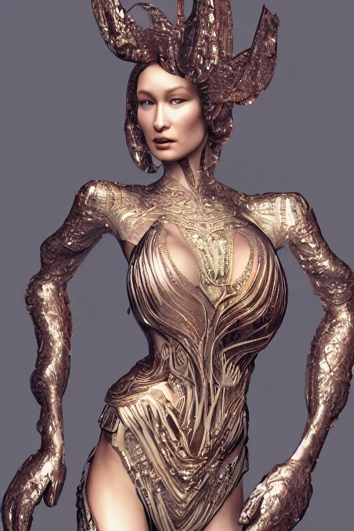 Image similar to a highly detailed render of a beautiful alien goddess bella hadid in iris van herpen dress schiaparelli in diamonds in style of alphonse mucha trending on artstation made in unreal engine 4