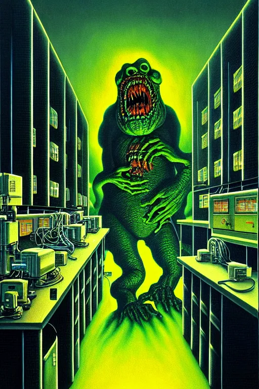 Image similar to a hyperrealistic detailed painting of a code red emergency at the nuclear power plant, radioactive meltdown radiation monster eating the laboratory by chris cunningham and richard corben, highly detailed, vivid color,