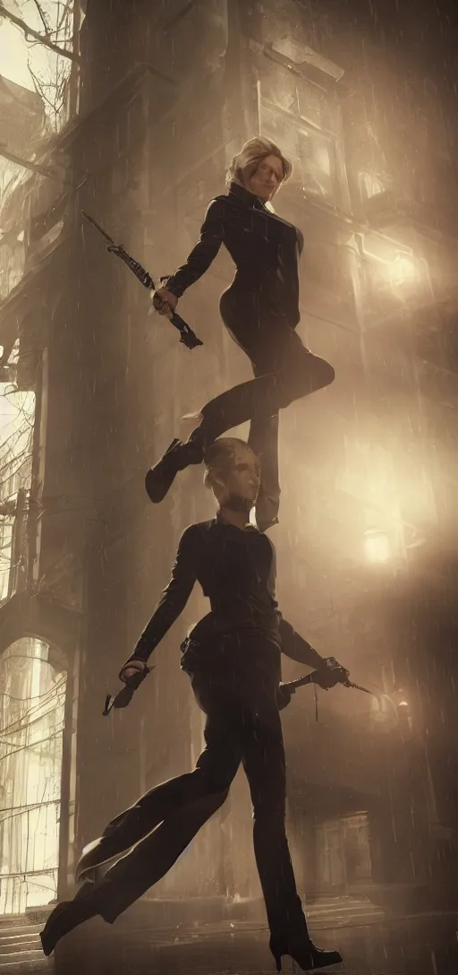 Image similar to professional shot annie leonhart in dunwall city, mid air shot, redshift render, beautiful face, detailed face, cinematic lighting, rainy weather, melancholy atmosphere, volumetric light, octane render, dishonored 1, gothic architecture, realistic reflections, octane render 8 k, action shot