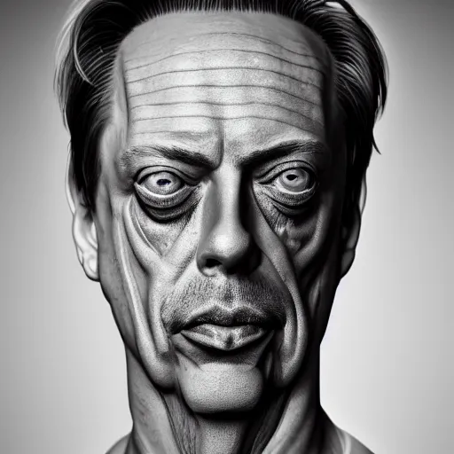 Prompt: beatiful frontal face portrait of Steve buscemi, 150 mm, anatomical, flesh, flowers, mandelbrot fractal, facial muscles, veins, arteries, symmetric, intricate, golden ratio, full frame, microscopic, elegant, highly detailed, ornate, ornament, sculpture, elegant , luxury, beautifully lit, ray trace, octane render in the style of peter Gric , alex grey and Romero Ressendi