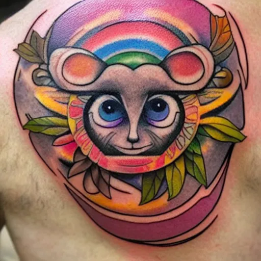 Prompt: shoulder tattoo of a multicolored hallucinating meditaing cute bush baby, eyes are rainbow spirals, happy mood, surrounded with colorful magic mushrooms and rainbow marihuana leaves, insanely integrate