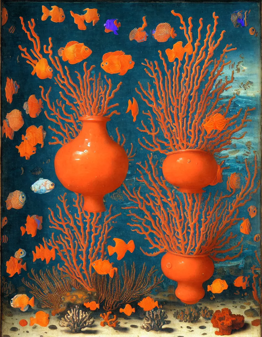 Image similar to bottle vase of coral under the sea decorated with a dense field of stylized scrolls that have opaque outlines enclosing mottled blue washes, with orange shells and purple fishes, ambrosius bosschaert the elder, oil on canvas