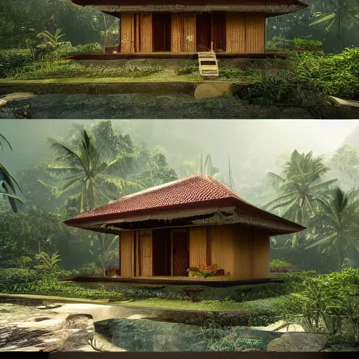 Prompt: a beautiful 3d renderings of a little house in the jungle, Balinese architecture by SOM Architect, Studio Ghibli,. Architectural photography, 14mm, cinematic photography, high resolution 4k, cg architects, vray