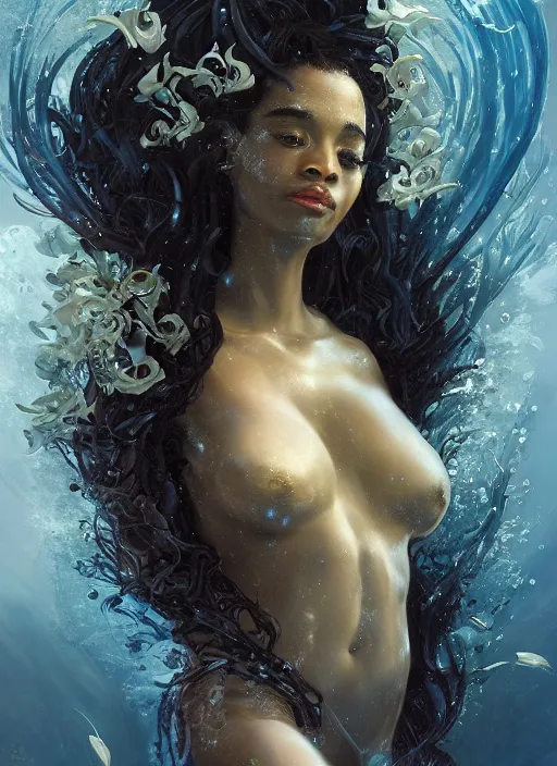 Image similar to Portrait of black mermaid, underwater, white lilies, shells, mirror, marvel comics, intricate, highly detailed, smooth, artstation, digital illustration by julie bell and Ruan Jia and Mandy Jurgens and Artgerm and Wayne Barlowe and Greg Rutkowski and Frank Frazetta