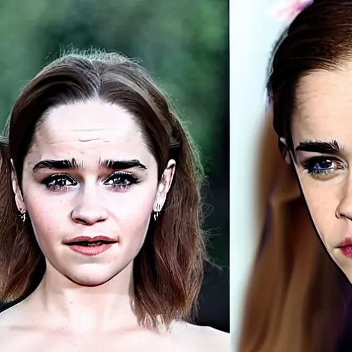 Prompt: a woman who is a genetic combination of emilia clarke and emma watson face and upper - body focus