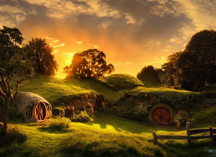 Image similar to sunrise, spring, hobbit's house, shire, hobbiton landscape by levitan, masterpiece, trending on artstation, cinematic composition, beautiful lighting, sharp, details, hyper - detailed, hd