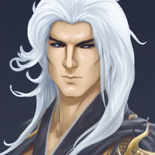 Image similar to a fantasy character with white hair. he looks like a snake.