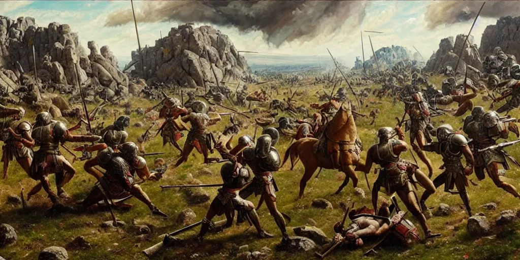 Prompt: scene from ancient battlefield, painting by otto dix and greg rutkowski, 8 k