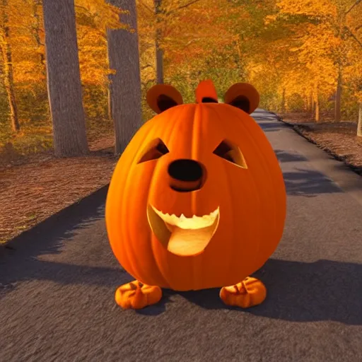 Image similar to a cute smiling bear made of pumpkins walking through the woods, unreal engine