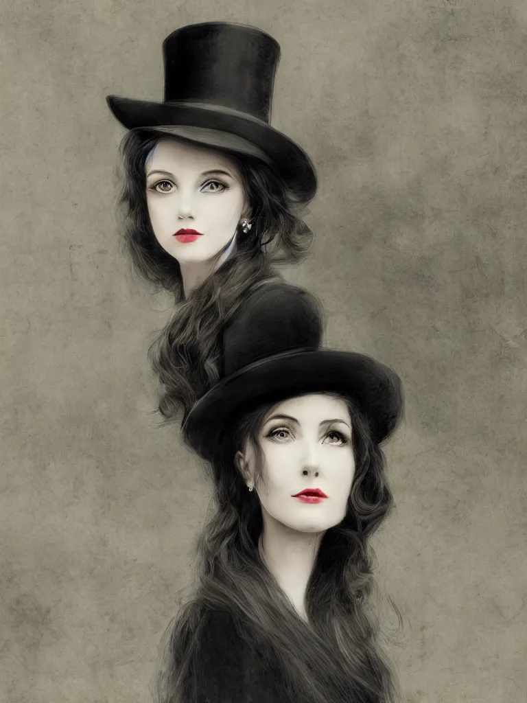 Image similar to Close up portrait of an elegant long haired lady wearing a gentleman suit and tophat in anime style, highly detailed, matte painting, noir, 70s, americana, photorealistic, ethereal ghostly atmosphere