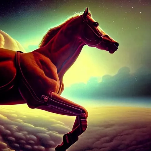 Image similar to hyperrealism aesthetic highly detailed photography of horse in dramatic scene, riding on a hyperrealism highly detailed astronaut. from western by hiroyuki okiura and katsuhiro otomo and alejandro hodorovski style with many details by mike winkelmann and vincent di fate in sci - fi style. volumetric natural light hyperrealism photo on dsmc 3 system,