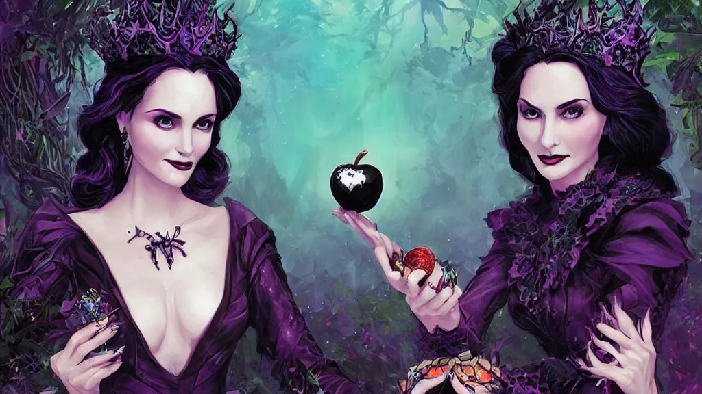 Image similar to evil queen holding up a crystal apple with both hands, wearing a black dress with big collar, a violet magical jungle in the background. in the style of magic the gathering, james jean, ross tran, craig mullins. yennefer vengerberg, magical atmosphere