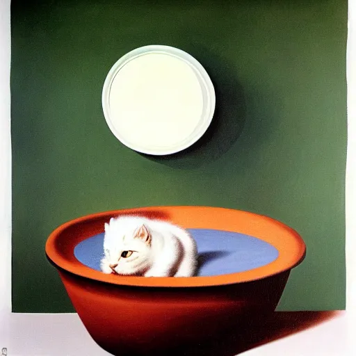 Image similar to rene magritte painting of a baby kitten inside of a bowl of soup