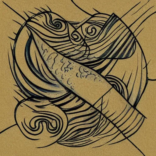 Image similar to tattoo sketch of a sea, on a yellow paper, ornamental, line art, minimalism, maori