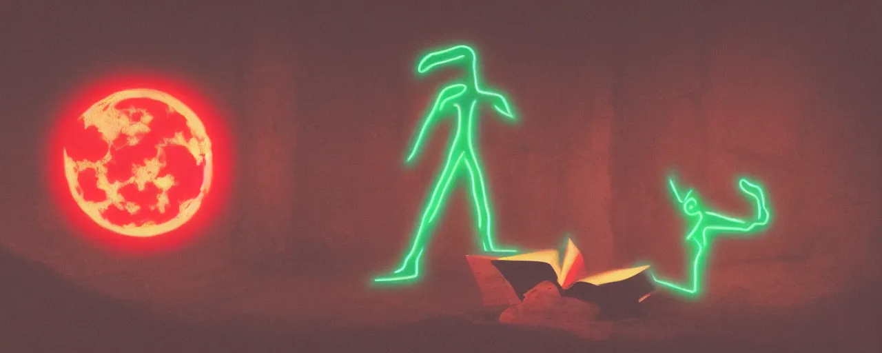 Prompt: A neon photo of a cultist of goose, named Innokentiy, magic book, spells, sacrifice, full red moon, scared exposition