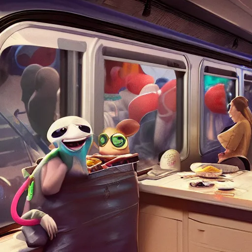 Image similar to a vendor selling goodies on the train, designed by peter andrew jones and pixar, photorealistic, 3 d render, award winning render, unreal engine, octane render, studio lighting, 8 k, hd