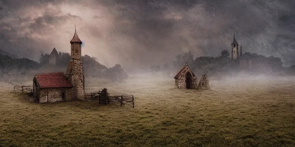 Prompt: artwork of small village church in rural Transylvania, wooden rundown church, arid land with barren vegetation, stone castle in far background, fog, volumetric lightning, digital artwork, realistic, atmospheric, 8k, gloomy,