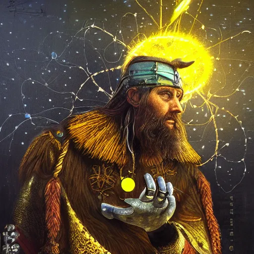 Image similar to mythological viking Shaman of artificial intelligence creating an artificial neural network with yellow synapses on an anvil, high resolution, award winning art, trending on art station, sharp image, incredibly detailed, detailed character realistic painting